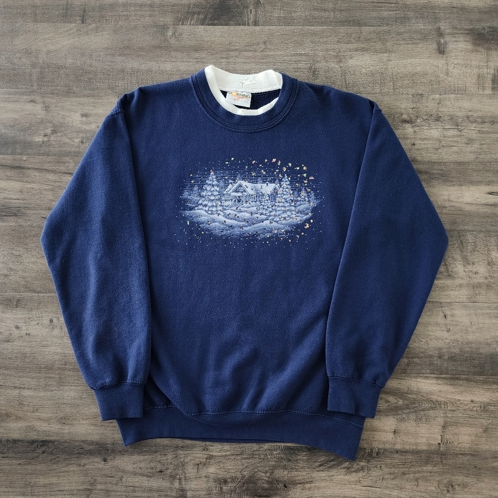VTG Morning Sun Cabin Graphic Sequin Detailed Long Sleeve Pullover Sweatshirt